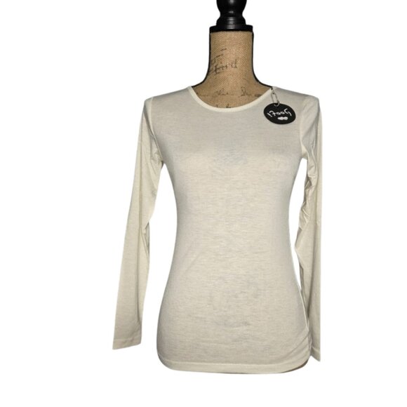 NWT Poof Women’s Cream Long Sleeve Lace Back Top Sheer Panel Keyhole Small - Picture 2 of 6